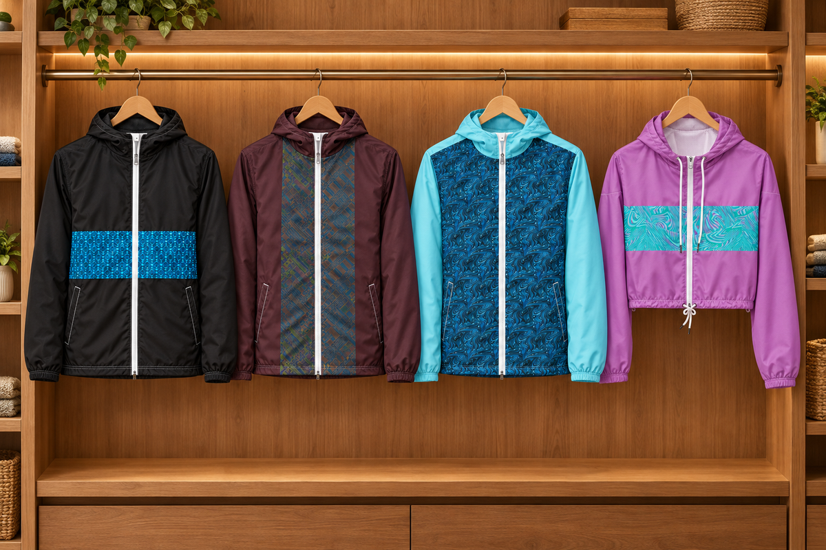 Windbreakers hanging in a warm, boutique-style closet