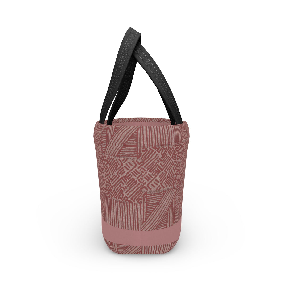 Insulated Geometric Pattern Lunch Bag — Dusty Rose Tote for Work & School. This stylish insulated lunch bag combines fashion and functionality with its dusty rose hue and geometric pattern, making it a great fit for every lunch occasion, including school and picnic lunches.