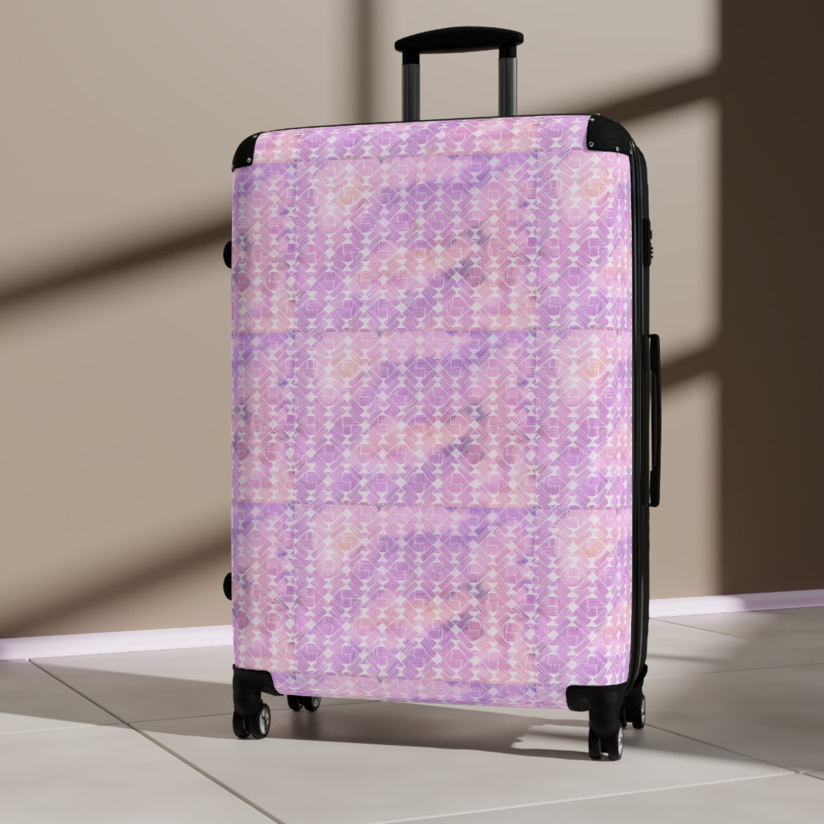 Pink Pastel Pattern Suitcase — Floral Grid Carry-On Luggage