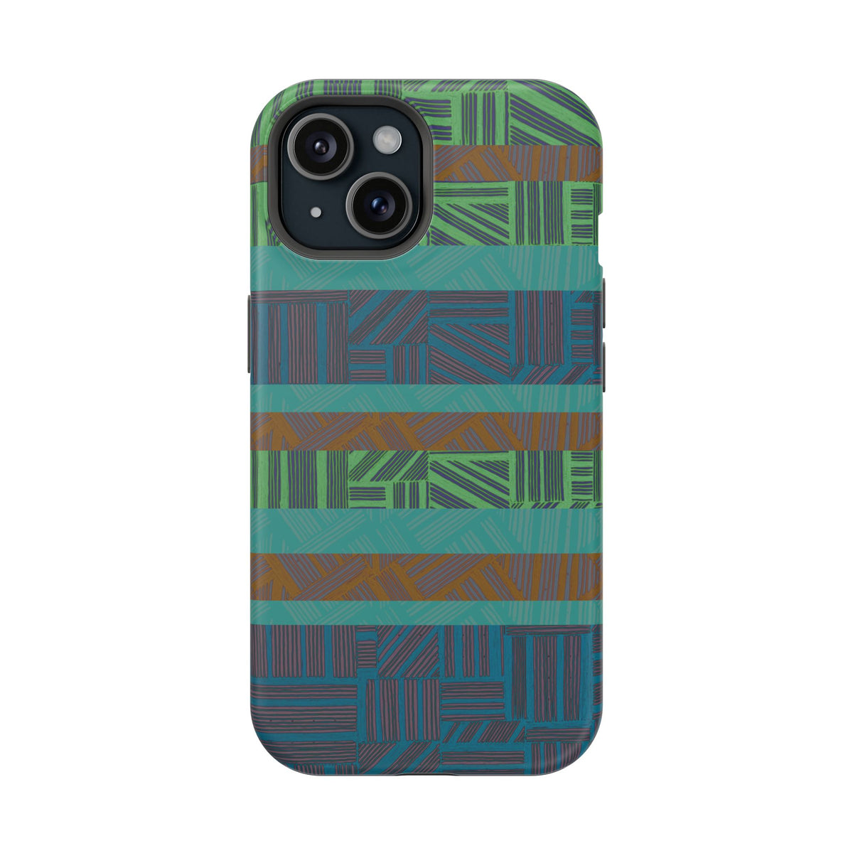 Green Geometric Stripe Phone Case — Impact-Resistant, wireless charging iphone 16 pro max case front-back product view with colorful geometric pattern.