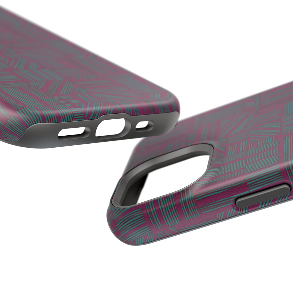 Slim Protective Phone Case With MagSafe, Dual-Layer Impact Protection, Plum Geometric Design, close-up of triple-camera protection and geometric plum finish; slim protective iphone 16 promax  case.