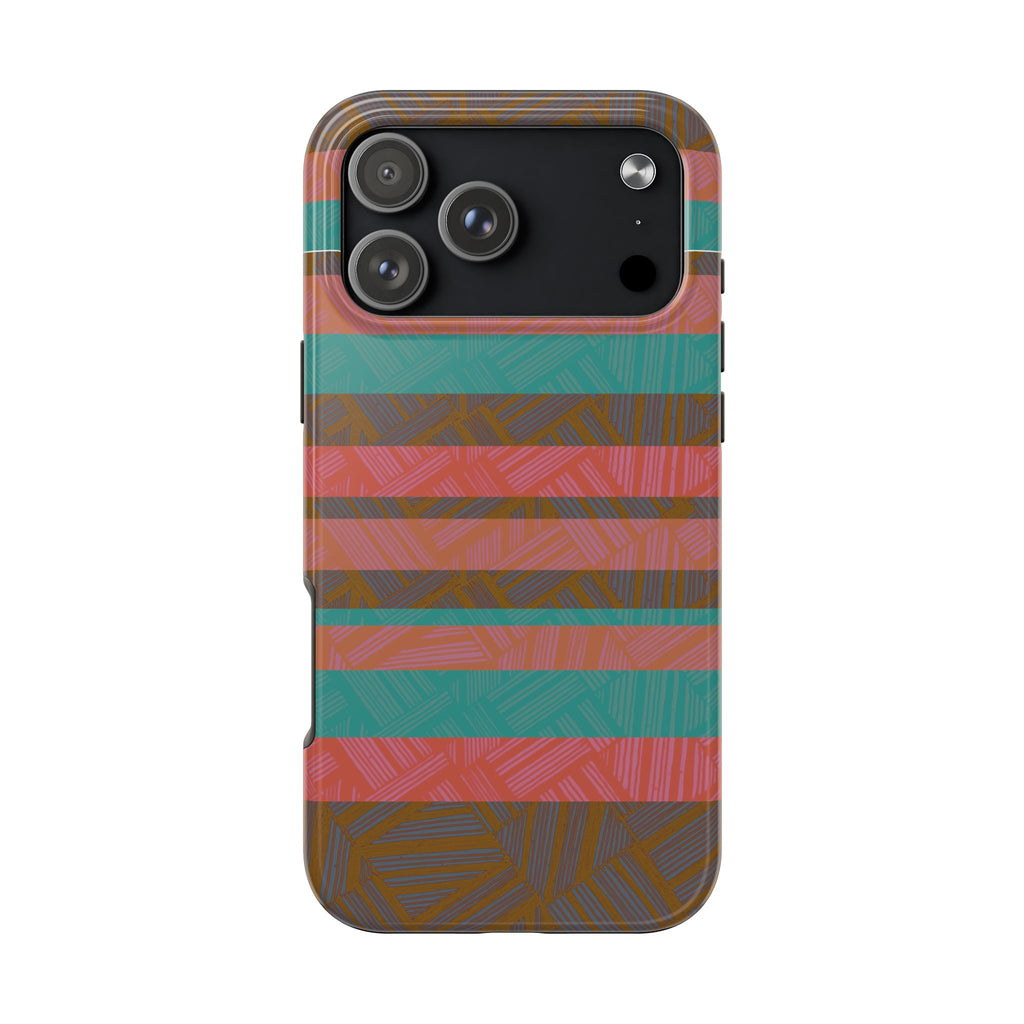 Striped Tribal Tough Phone Case — Retro Teal & Coral Protective Cover highlighting glossy full-color printing on a fractyl shockproof iphone 17 pro case