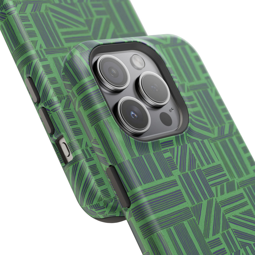 Green Dual Layer iPhone 17 Pro Phone Case, Geometric MagSafe 2-Layer Impact Protection