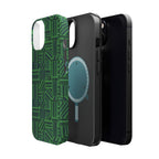 Green Magnetic Phone Case — 2-Layer Geometric MagSafe-Compatible Impact-Resistant Cover, green magnetic phone case- price match with CASETiFY and Casely, detached case shell revealing precise camera opening.