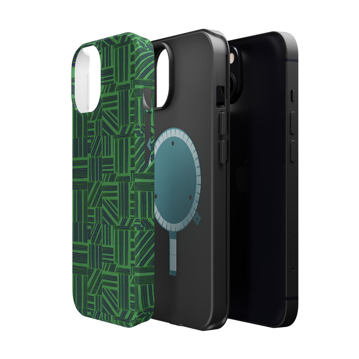 Green Magnetic Phone Case — 2-Layer Geometric MagSafe-Compatible Impact-Resistant Cover, green magnetic phone case- price match with CASETiFY and Casely, detached case shell revealing precise camera opening.