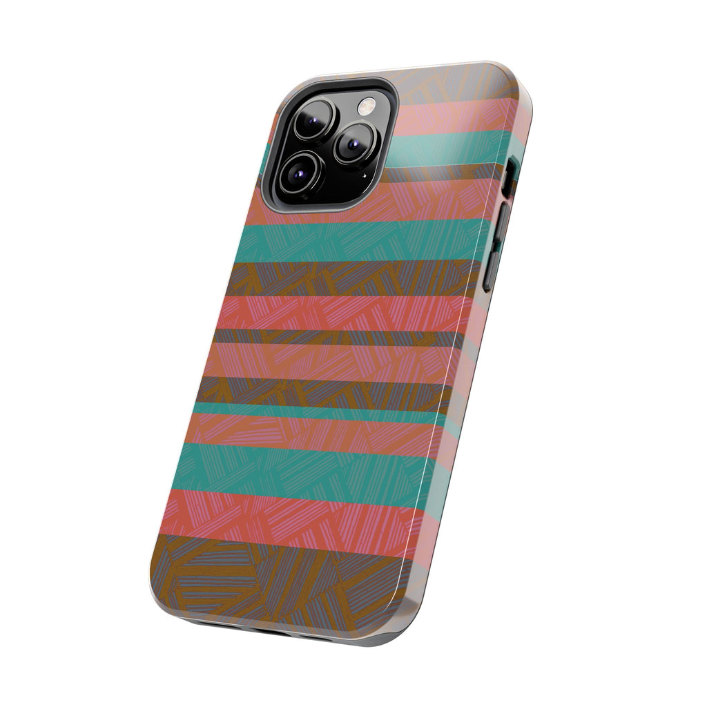 Striped Tribal Tough Phone Case — Retro Teal & Coral Protective Cover shown with side profile and accessible controls on a fractyl shockproof iphone 17 pro case