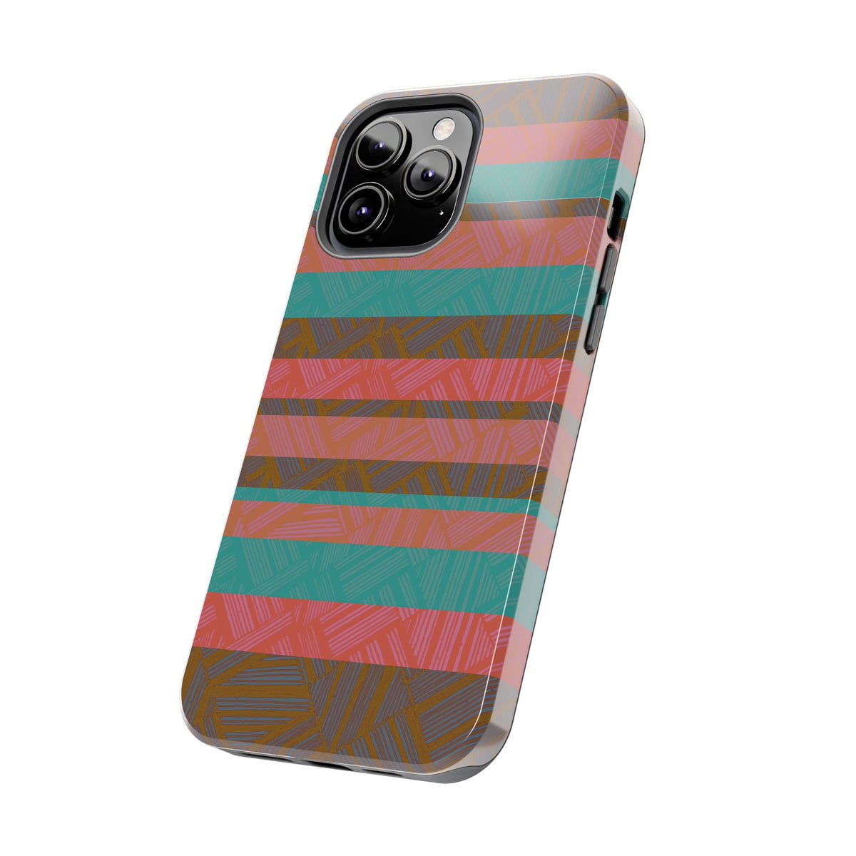 Striped Tribal Tough Phone Case — Retro Teal & Coral Protective Cover shown with side profile and accessible controls on a fractyl shockproof iphone 17 pro case