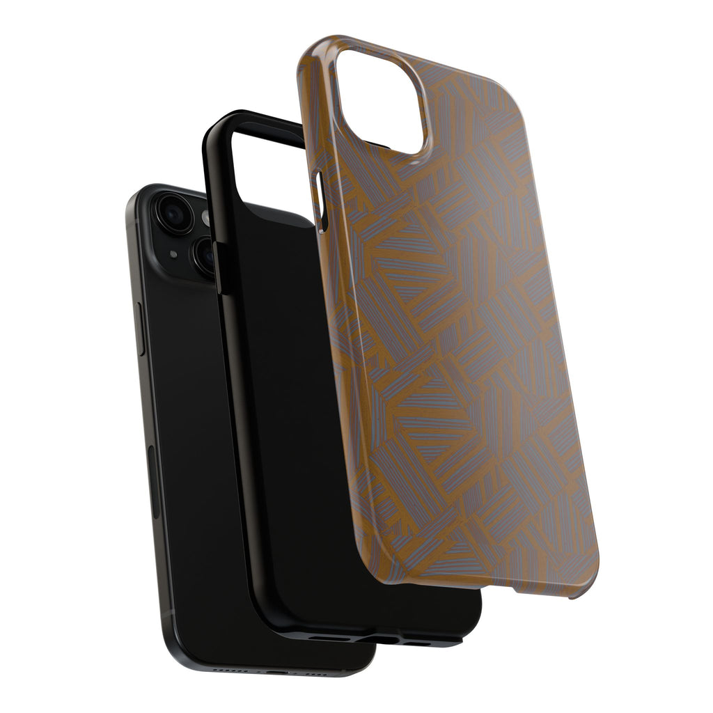 Tough Phone Case — Geometric Maze Brown Protective Cover, wireless charging iphone 18 pro max case featuring accurate port openings and a glossy brown finish.