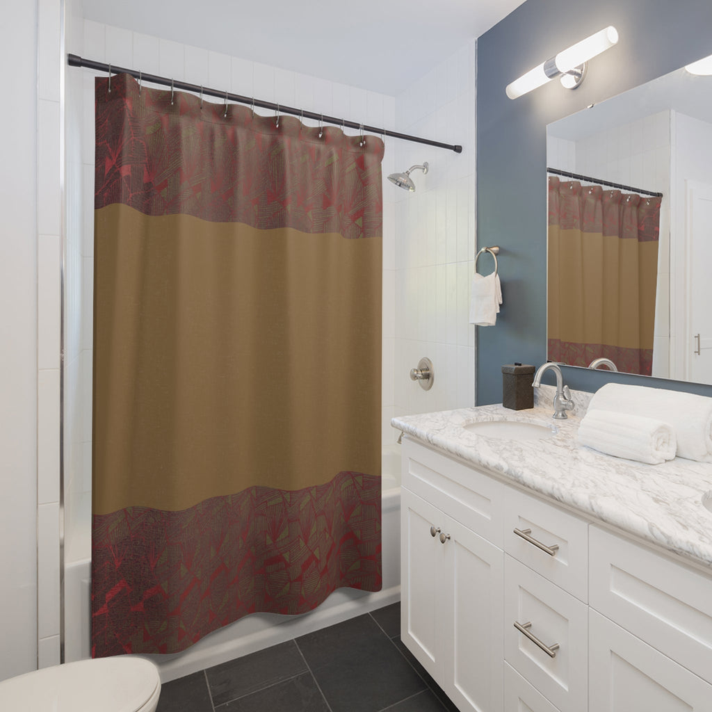 Earth Tone Striped Shower Curtain in a stylish bathroom setting, illustrating its textured fabric shower curtain waterproof quality. This warm color bath decor adds a rustic element to modern interiors, beautifully bridging the boho shower curtain style with functional elegance.