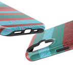 Striped Teal & Coral Magnetic Impact Phone Case angled rear view with dual-camera design, Fractyl magsafe compatible iphone 18 pro max case