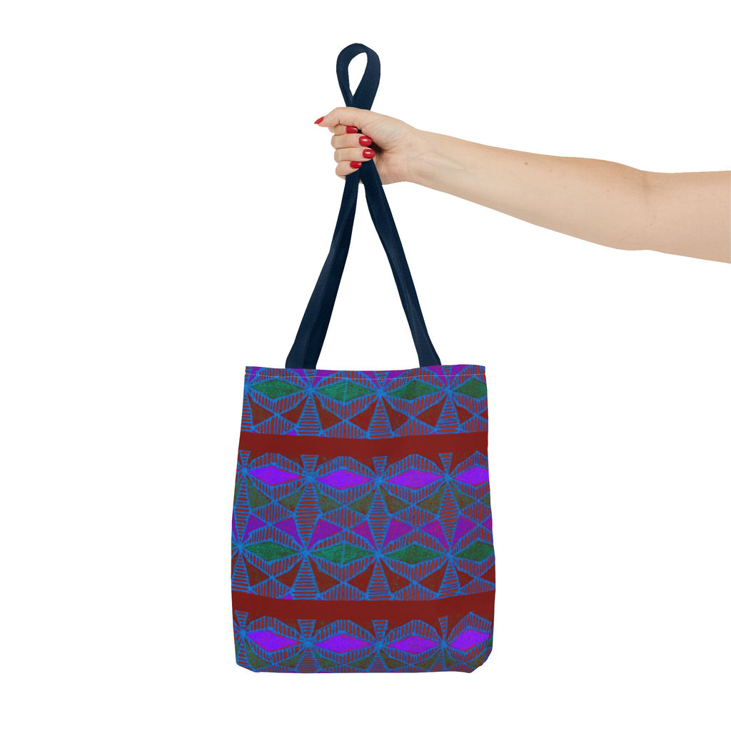 Geometric Heart Pattern Tote Bag — Vintage Tribal All-Over Print, hand-held geometric canvas tote bag with navy handles and bold tribal print