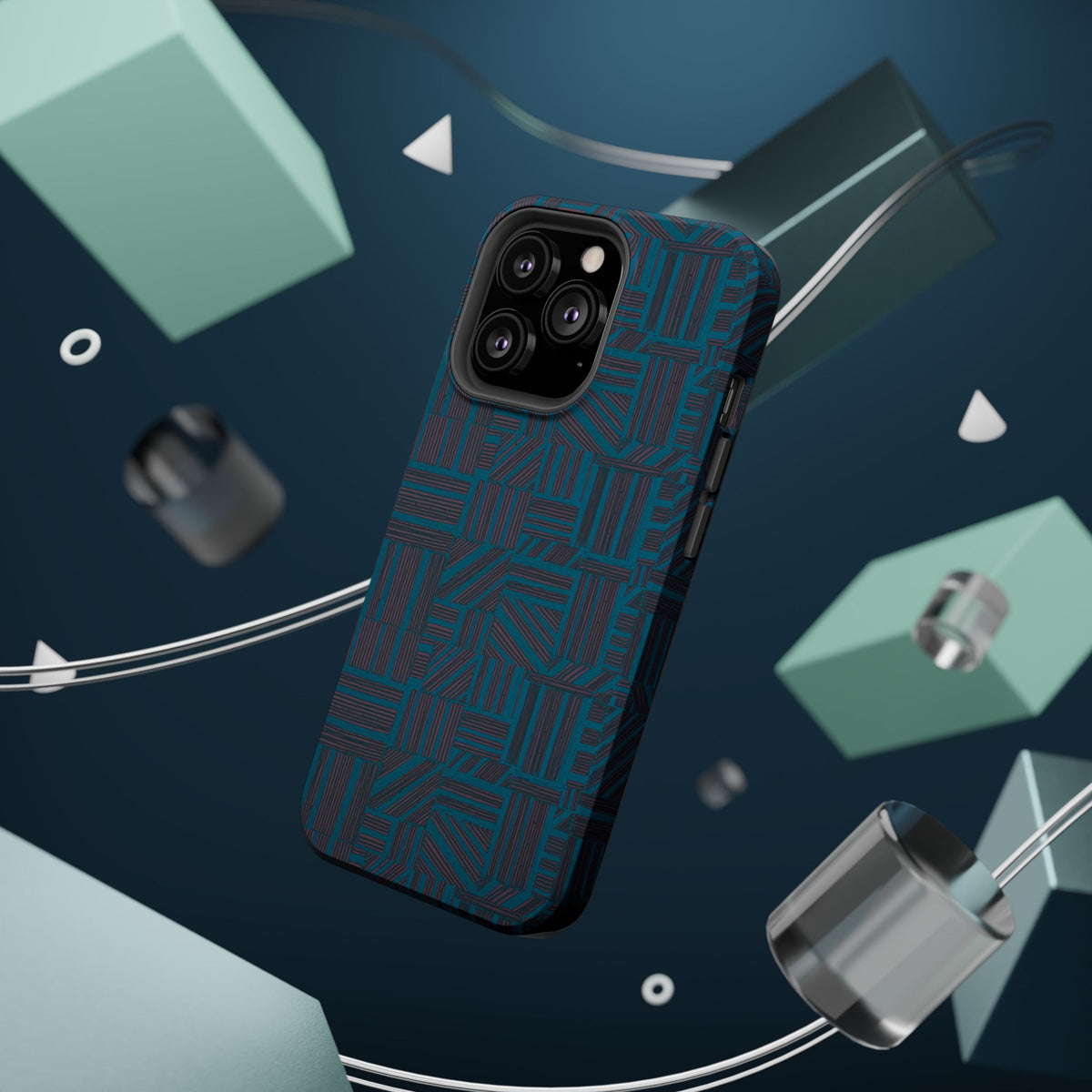 Impact Resistant Phone Case-20% OFF Entire Order, And Free Shipping, Teal Geometric MagSafe case floating at an angle with triple-camera opening; impact resistant iphone 17 case-20% OFF Entire Order, and Free Shipping.