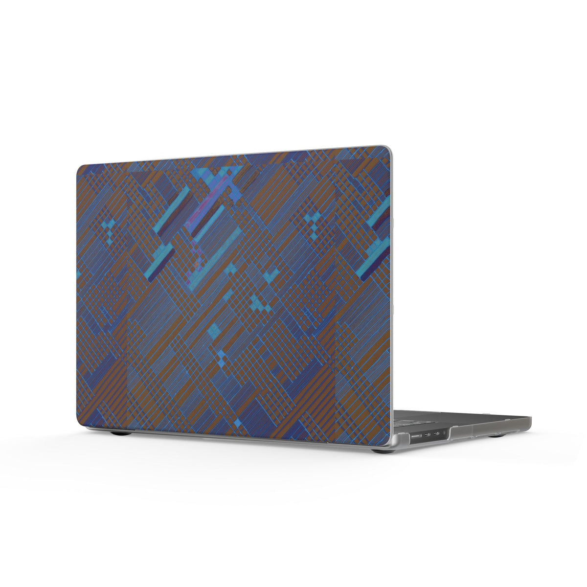Blue Geometric Non-Slip Laptop Skin - Matte Protective MacBook Case with Easy Access Ports, shown on an Apple MacBook Pro 16 as a non-slip Apple Macbook Pro 16 laptop skin with blue geometric design