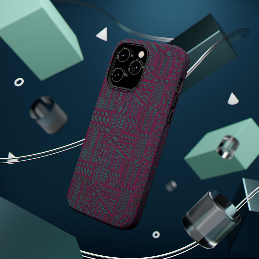 Slim Protective Phone Case With MagSafe, Dual-Layer Impact Protection, Plum Geometric Design, exploded case view with magnetic charging ring and smartphone; slim protective iphone 16 promax  case.