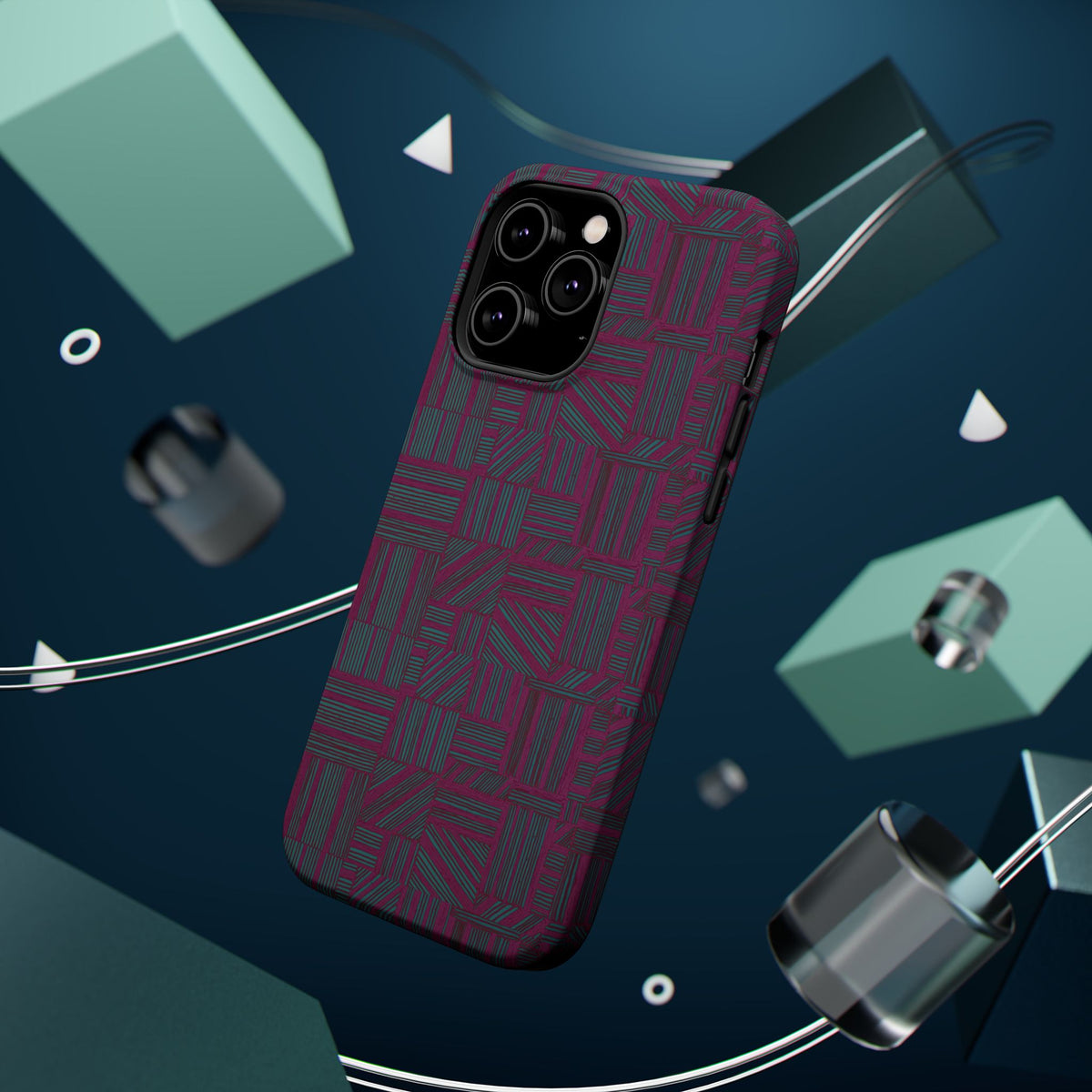 Slim Protective Phone Case With MagSafe, Dual-Layer Impact Protection, Plum Geometric Design, exploded case view with magnetic charging ring and smartphone; slim protective iphone 16 promax  case.