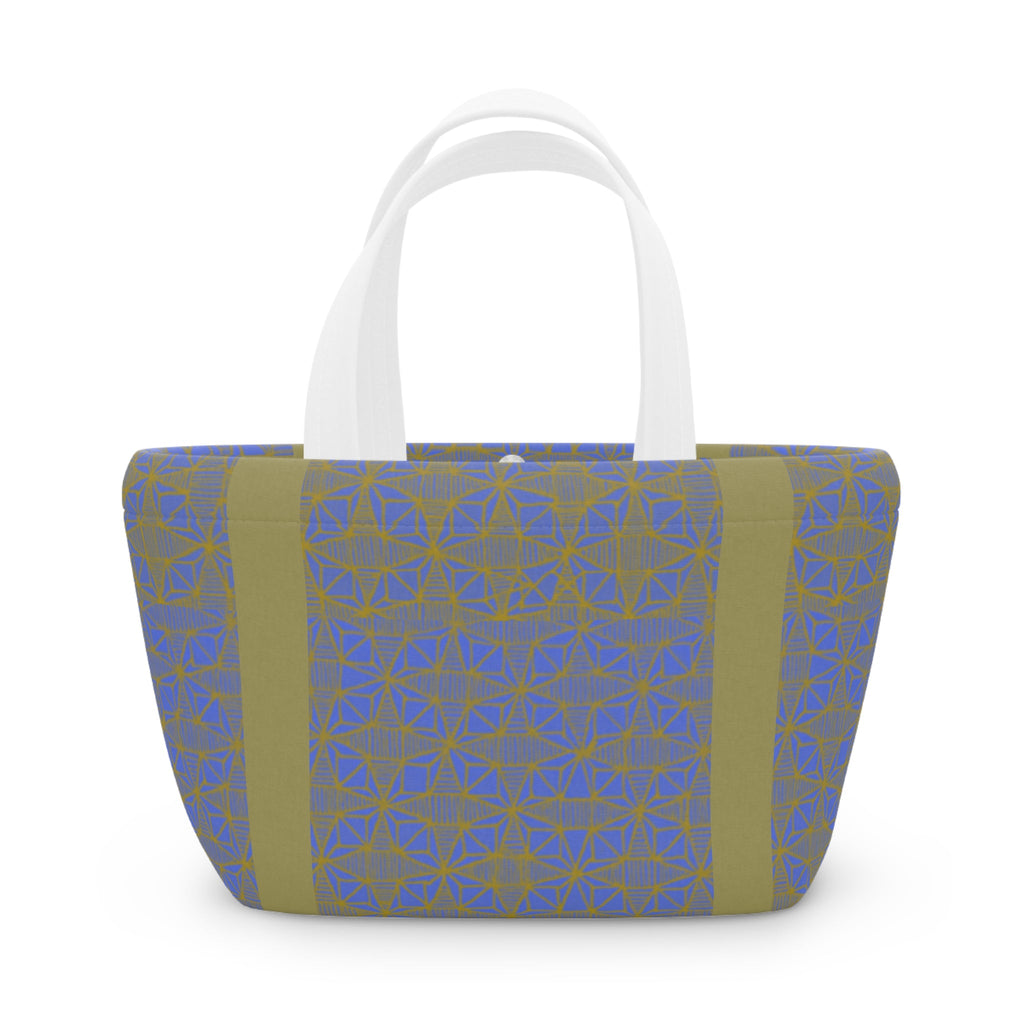 Chic Geometric Blue Olive Insulated Lunch Bag featuring soft white handles, a must-have compact lunch bag for daily meals.