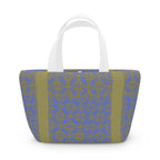 Chic Geometric Blue Olive Insulated Lunch Bag featuring soft white handles, a must-have compact lunch bag for daily meals.