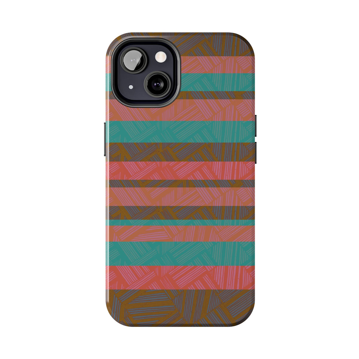 Striped Tribal Tough Phone Case — Retro Teal & Coral Protective Cover shown from an angled rear view as a slim fractyl shockproof iphone 17 pro case