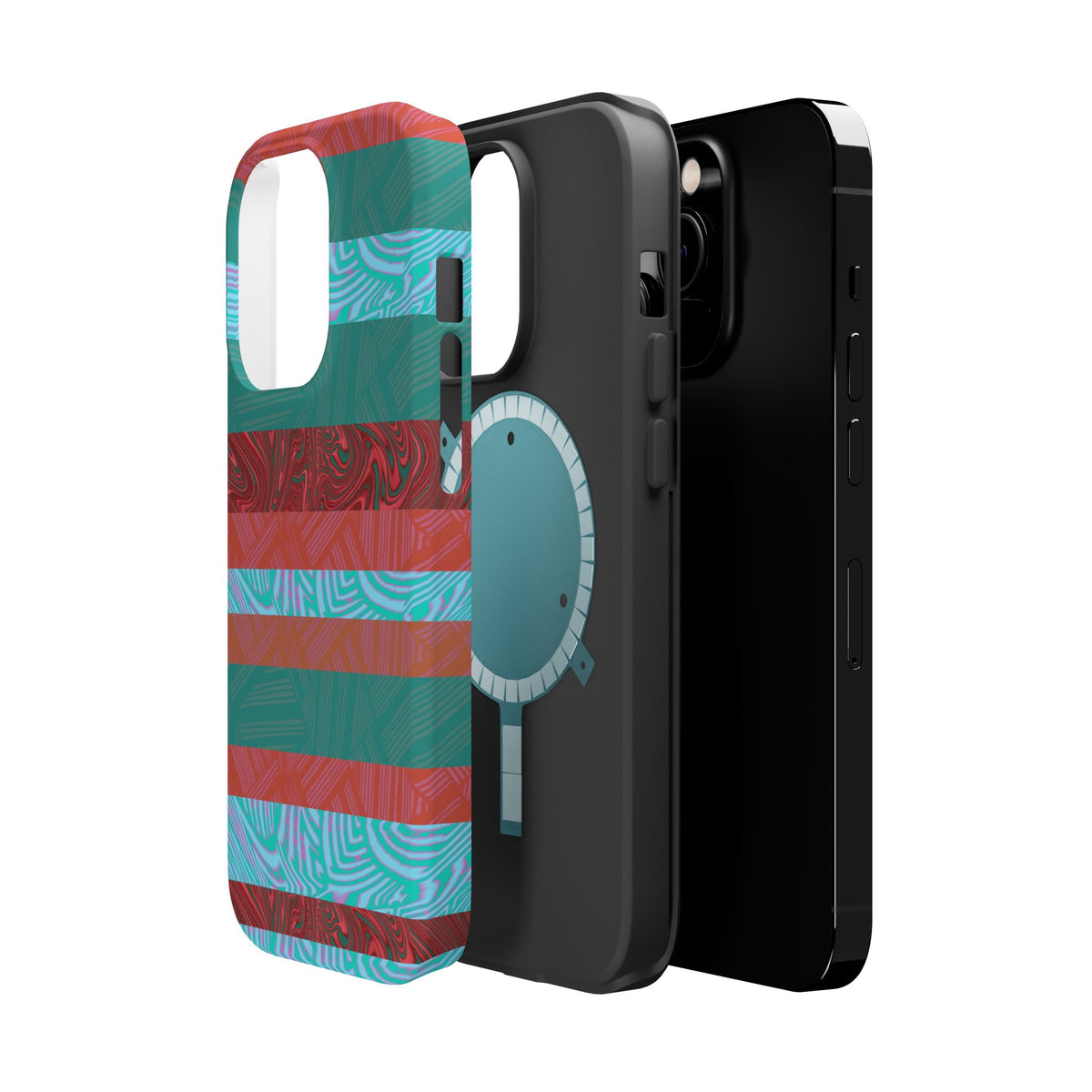 Striped Teal & Coral Magnetic Impact Phone Case back view with aqua marbled bands, Fractyl magsafe compatible iphone 18 pro max case