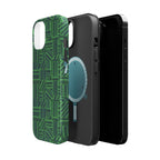 Green Magnetic Phone Case — 2-Layer Geometric MagSafe-Compatible Impact-Resistant Cover, green magnetic phone case- price match with CASETiFY and Casely, upright green phone case with dual-camera cutout.