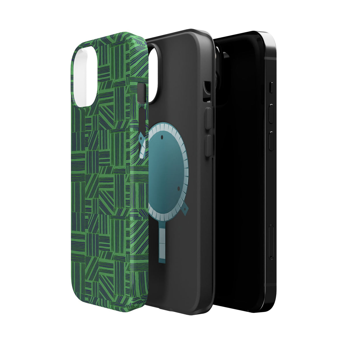 Green Magnetic Phone Case — 2-Layer Geometric MagSafe-Compatible Impact-Resistant Cover, green magnetic phone case- price match with CASETiFY and Casely, upright green phone case with dual-camera cutout.