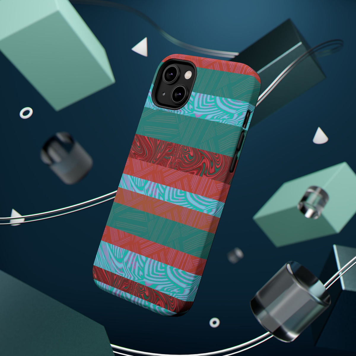 Striped Teal & Coral Magnetic Impact Phone Case artistic teal and coral finish, Fractyl magsafe compatible iphone 18 pro max case
