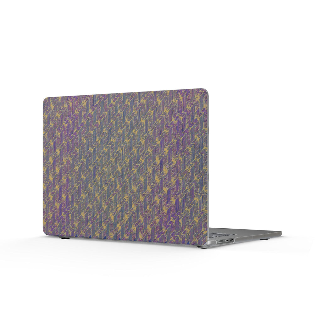 Iridescent Houndstooth Matte MacBook Case — Purple Gold Patterned Laptop Cover highlighted as a slim laptop protective case. Great for artists, this design is an excellent back to school accessory, perfect for those who prefer a boho MacBook aesthetic. Ideal for everyday carry and a fantastic gift for students, this laptop cover provides robust MacBook protection. The elegant matte texture brings a pastel flair to purple laptops, making it a stylish addition for work from home.
