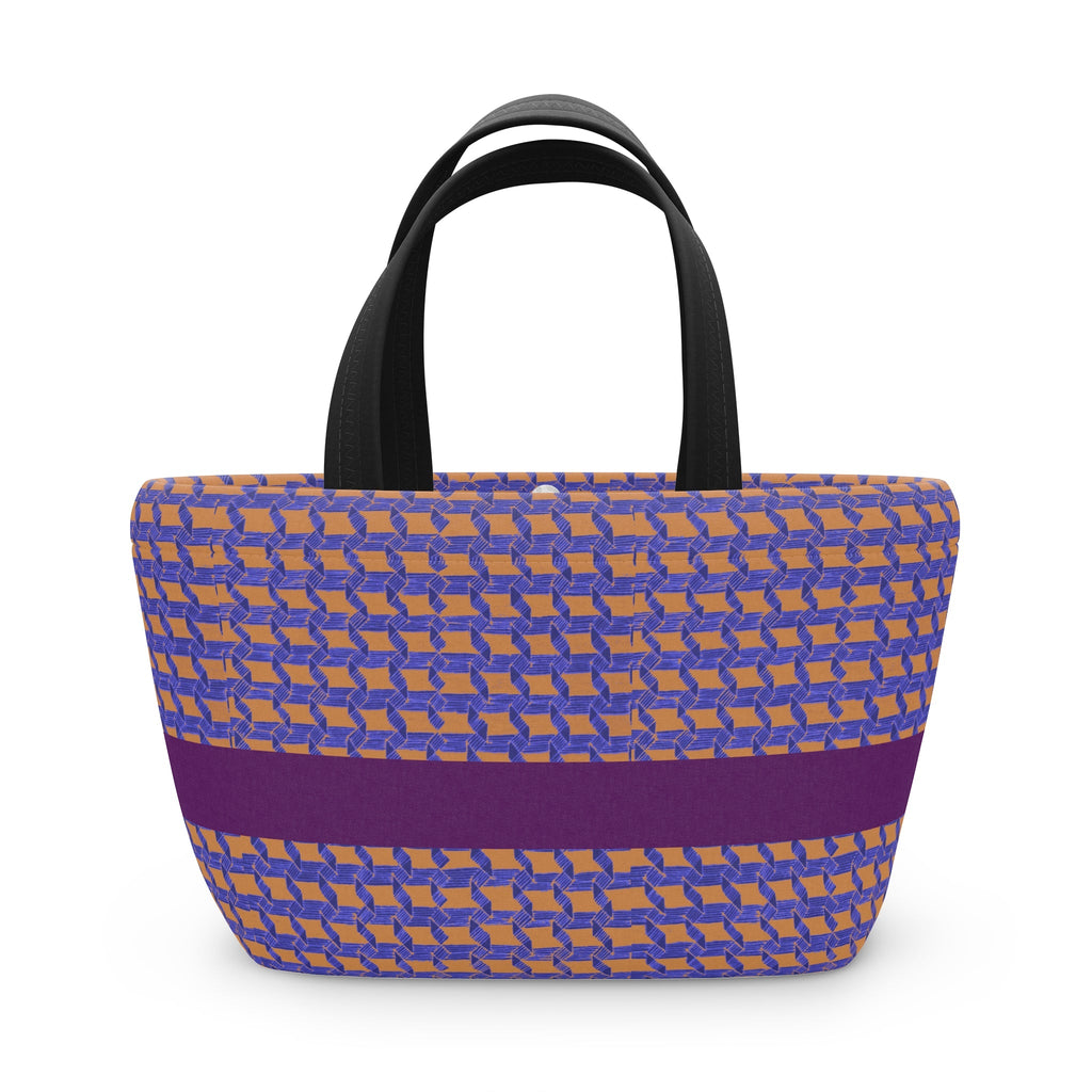 Vibrant insulated geometric lunch bag in purple and orange stripes, an ideal choice for office lunch, kids lunch, and everyday use. This reusable lunch bag is great as a small cooler or stylish picnic tote.