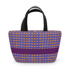 Vibrant insulated geometric lunch bag in purple and orange stripes, an ideal choice for office lunch, kids lunch, and everyday use. This reusable lunch bag is great as a small cooler or stylish picnic tote.