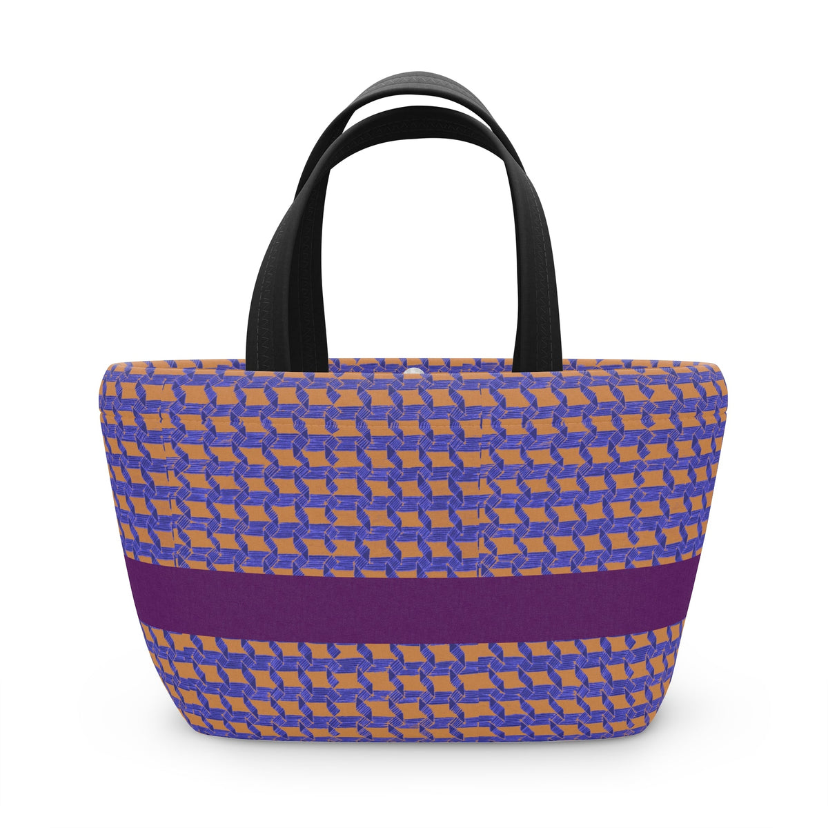 Vibrant insulated geometric lunch bag in purple and orange stripes, an ideal choice for office lunch, kids lunch, and everyday use. This reusable lunch bag is great as a small cooler or stylish picnic tote.