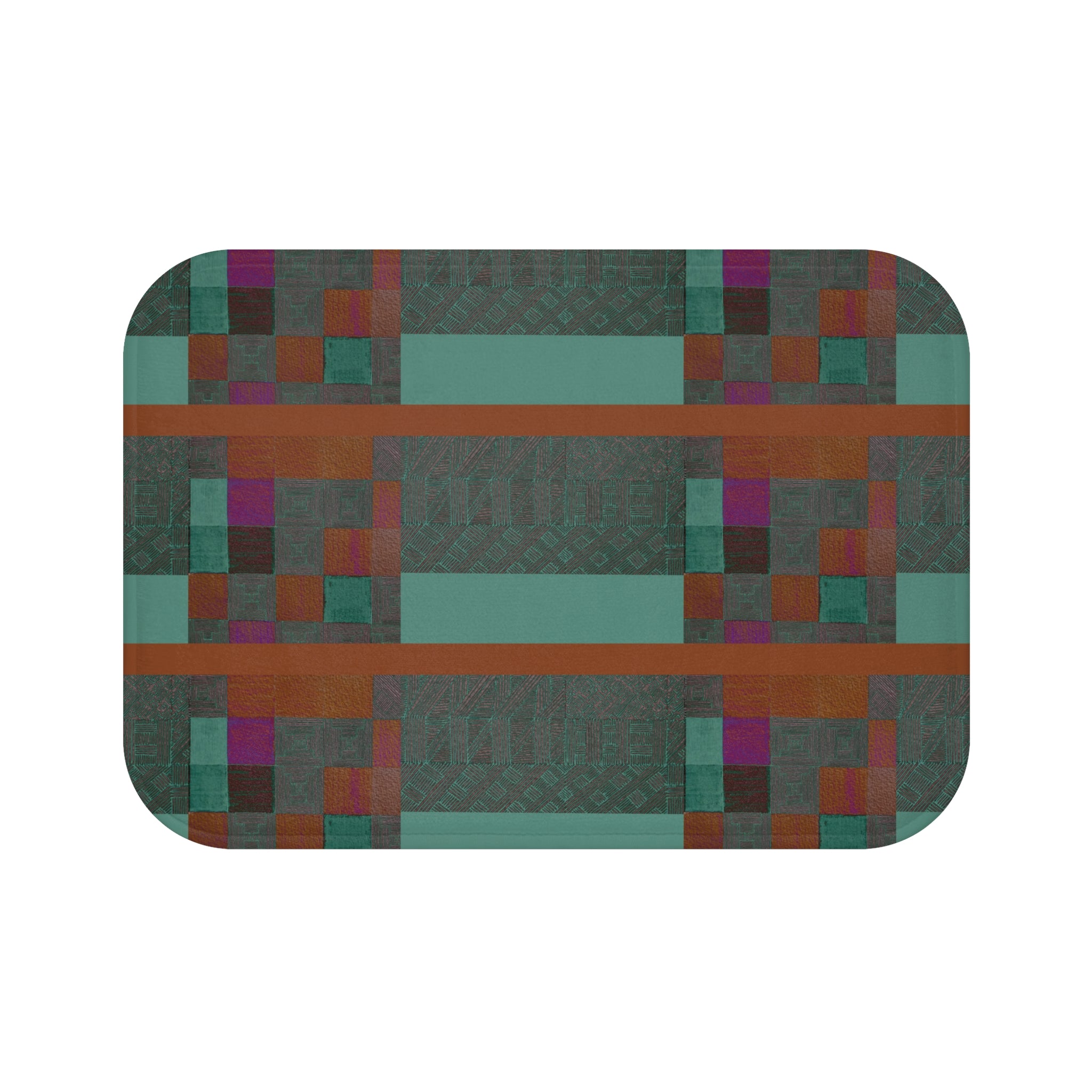 Teal Patchwork Geometric Bath Mat — Modern Tribal Tile Bathroom Rug