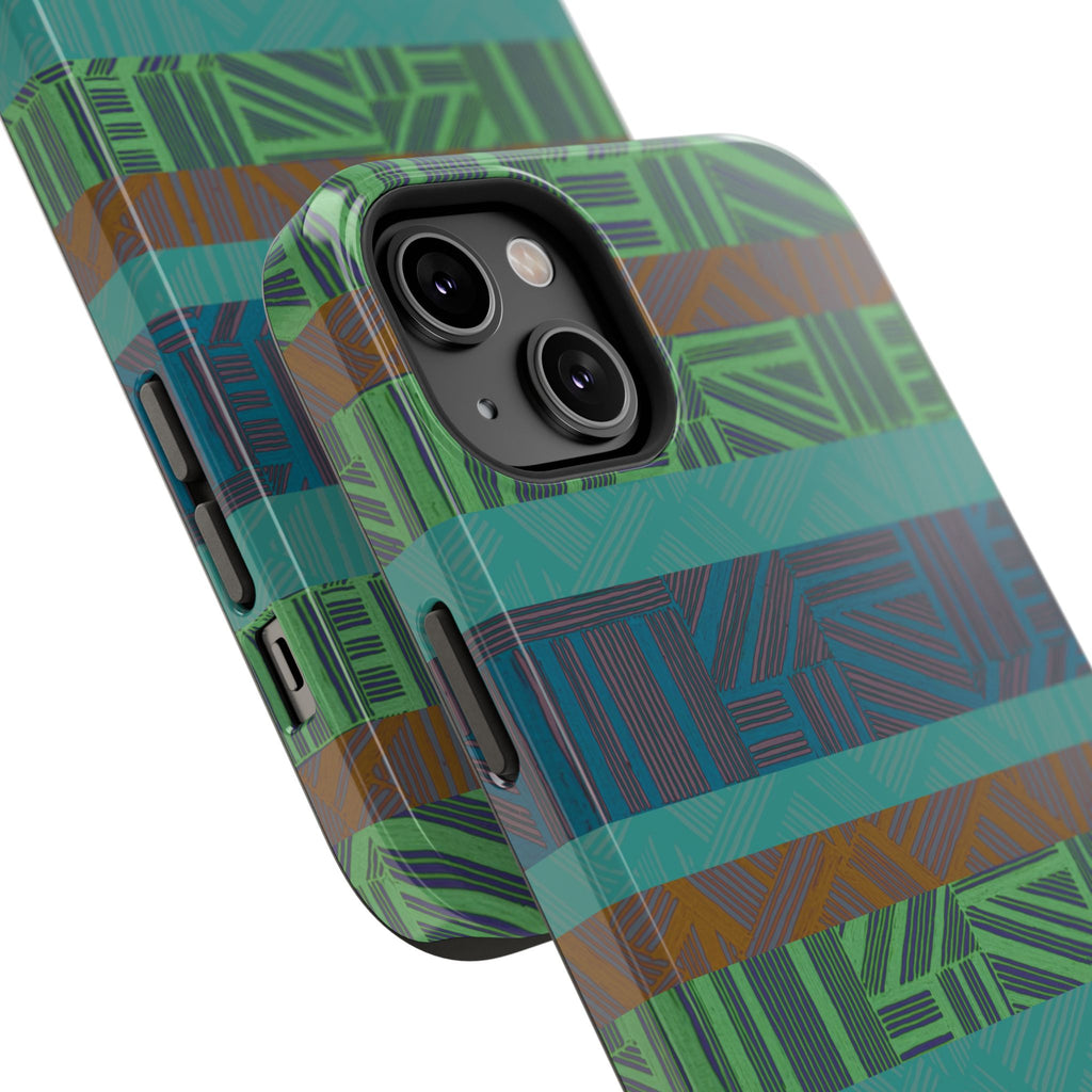 Green Geometric Stripe Phone Case — Impact-Resistant, wireless charging iphone 16 pro max case shown with an open bottom port cutout.