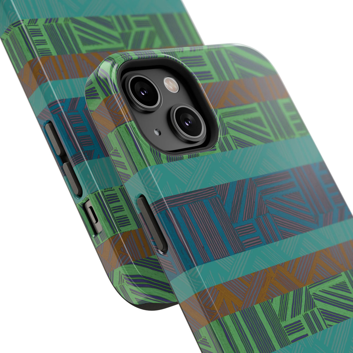 Green Geometric Stripe Phone Case — Impact-Resistant, wireless charging iphone 16 pro max case shown with an open bottom port cutout.