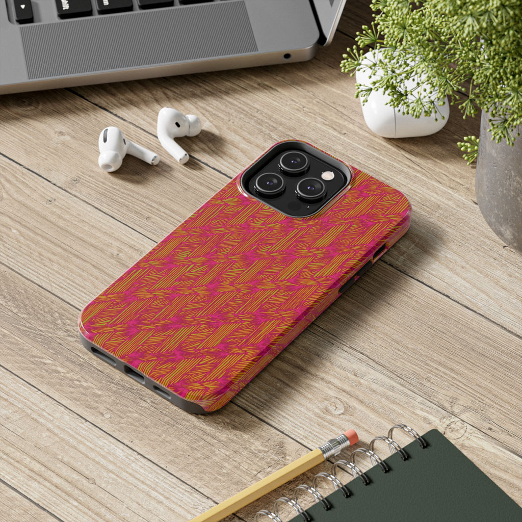Tough Phone Case — Vibrant Tropical Herringbone Pattern, impact resistant iphone 17 case shown in front and side views