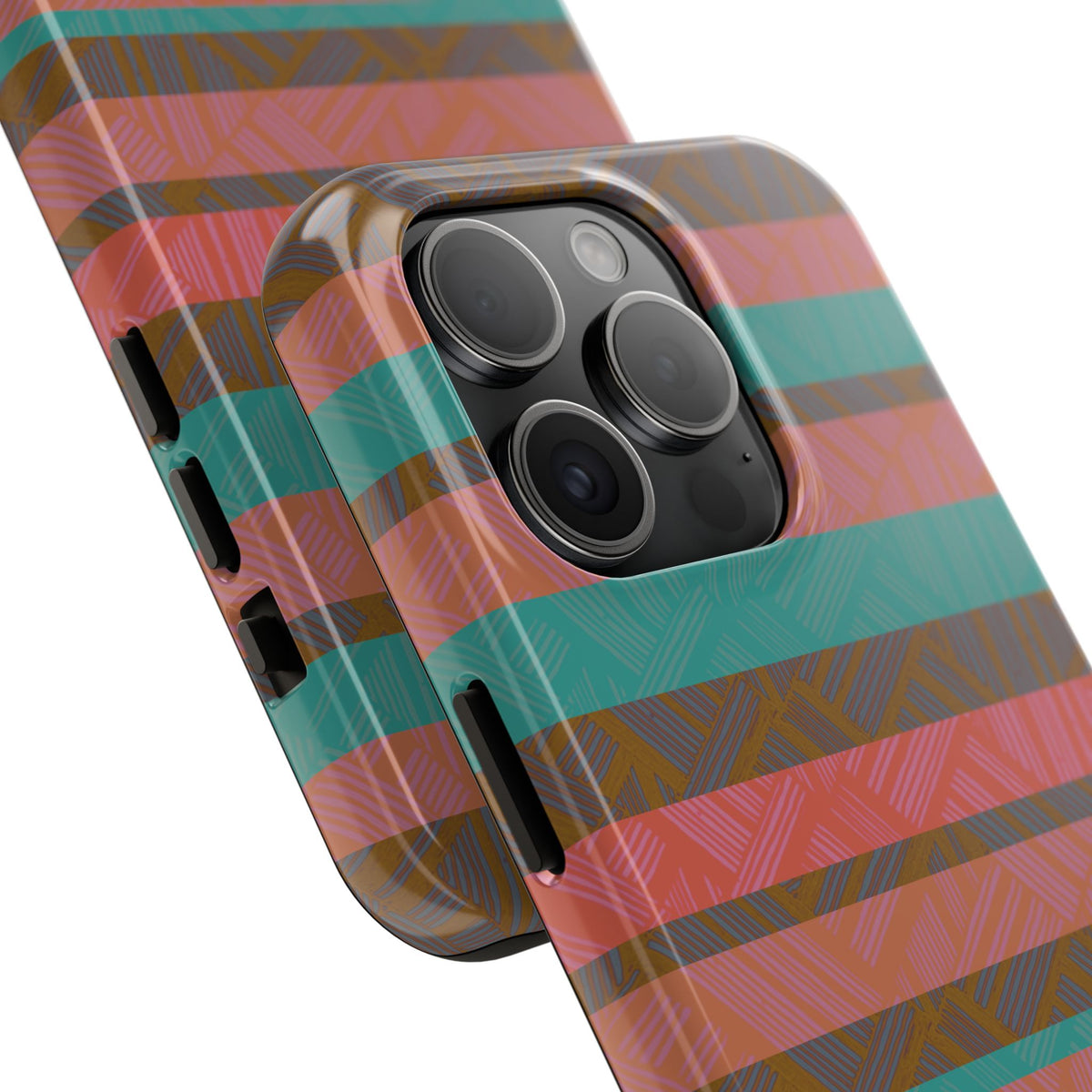 Striped Tribal Tough Phone Case — Retro Teal & Coral Protective Cover in lifestyle display beside a notebook as a fractyl shockproof iphone 17 pro case