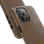 Tough Phone Case — Geometric Maze Brown Protective Cover, wireless charging iphone 18 pro max case shown in an exploded installation view.