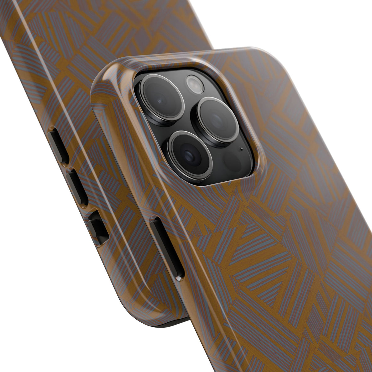 Tough Phone Case — Geometric Maze Brown Protective Cover, wireless charging iphone 18 pro max case shown in an exploded installation view.