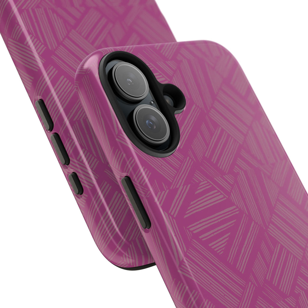 Magenta Geo Pattern Tough Phone Case — Protective Floral-Style Abstract Design, wireless charging iphone 18 pro case highlighting side buttons and glossy finish.