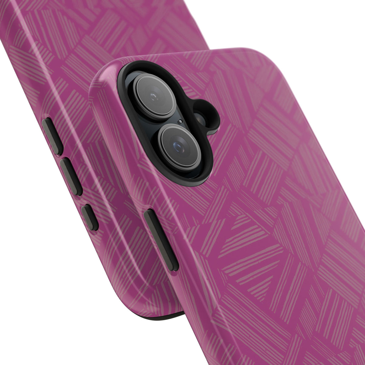Magenta Geo Pattern Tough Phone Case — Protective Floral-Style Abstract Design, wireless charging iphone 18 pro case highlighting side buttons and glossy finish.