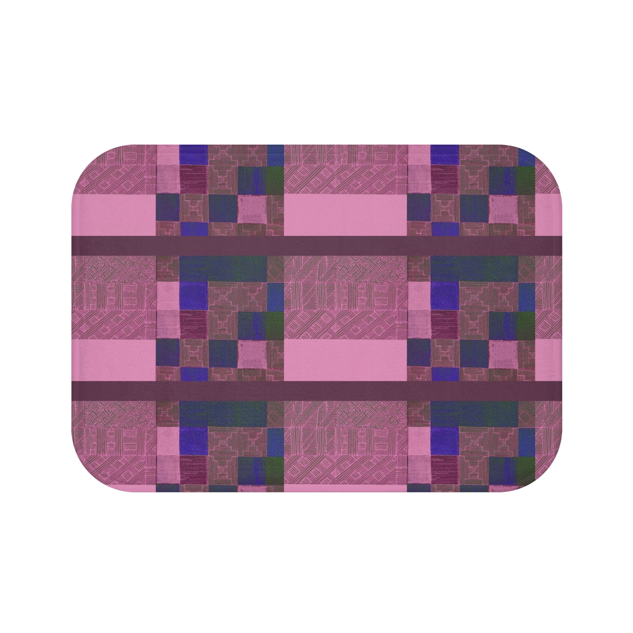 Pink Plaid Bath Mat — Geometric Patchwork Bathroom Rug