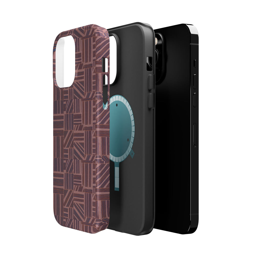 MagSafe Impact Resistant Phone Case - Geometric Brown Pattern, Dual-Layer Protection, upright case with camera cutout; impact resistant iphone 17 pro max case