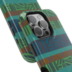 Green Geometric Stripe Phone Case — Impact-Resistant, wireless charging iphone 16 pro max case shown on a triple-lens phone in an angled view.