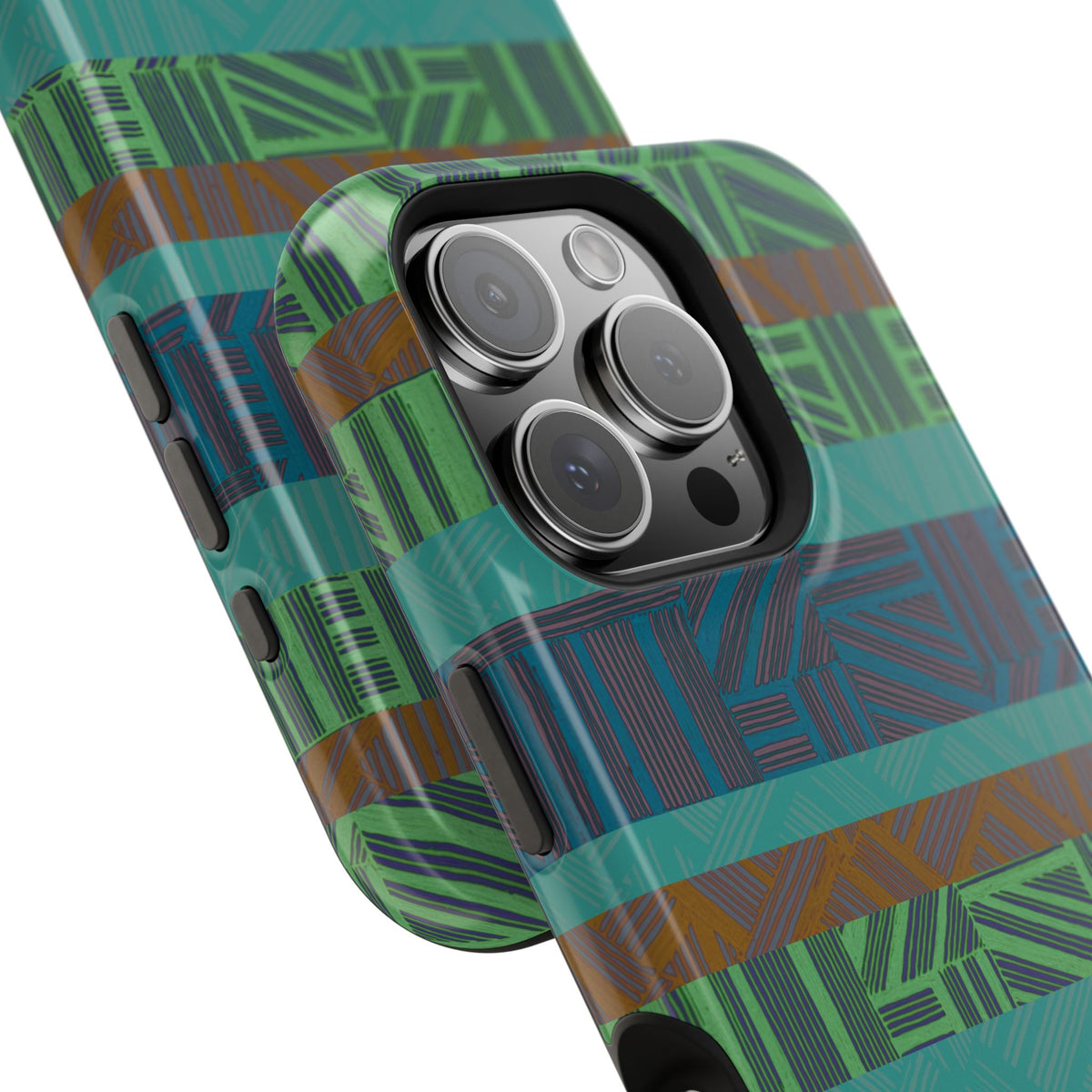 Green Geometric Stripe Phone Case — Impact-Resistant, wireless charging iphone 16 pro max case shown on a triple-lens phone in an angled view.
