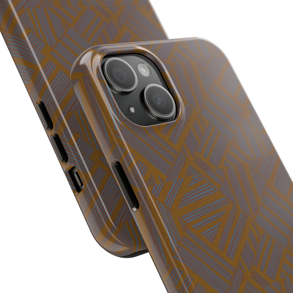 Tough Phone Case — Geometric Maze Brown Protective Cover, wireless charging iphone 18 pro max case highlighting its shock-absorbing edges and button covers.