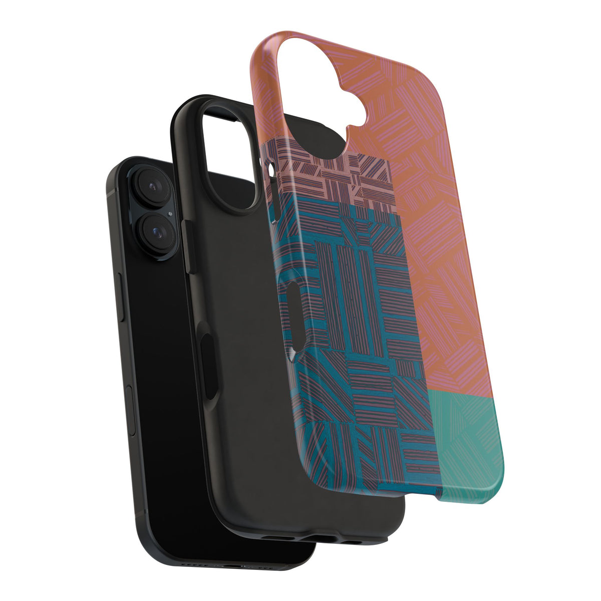Abstract Geometric Tough Phone Case — Retro Block Pattern, retro iphone 18 pro max case displayed in a separated shell view with camera and button cutouts.