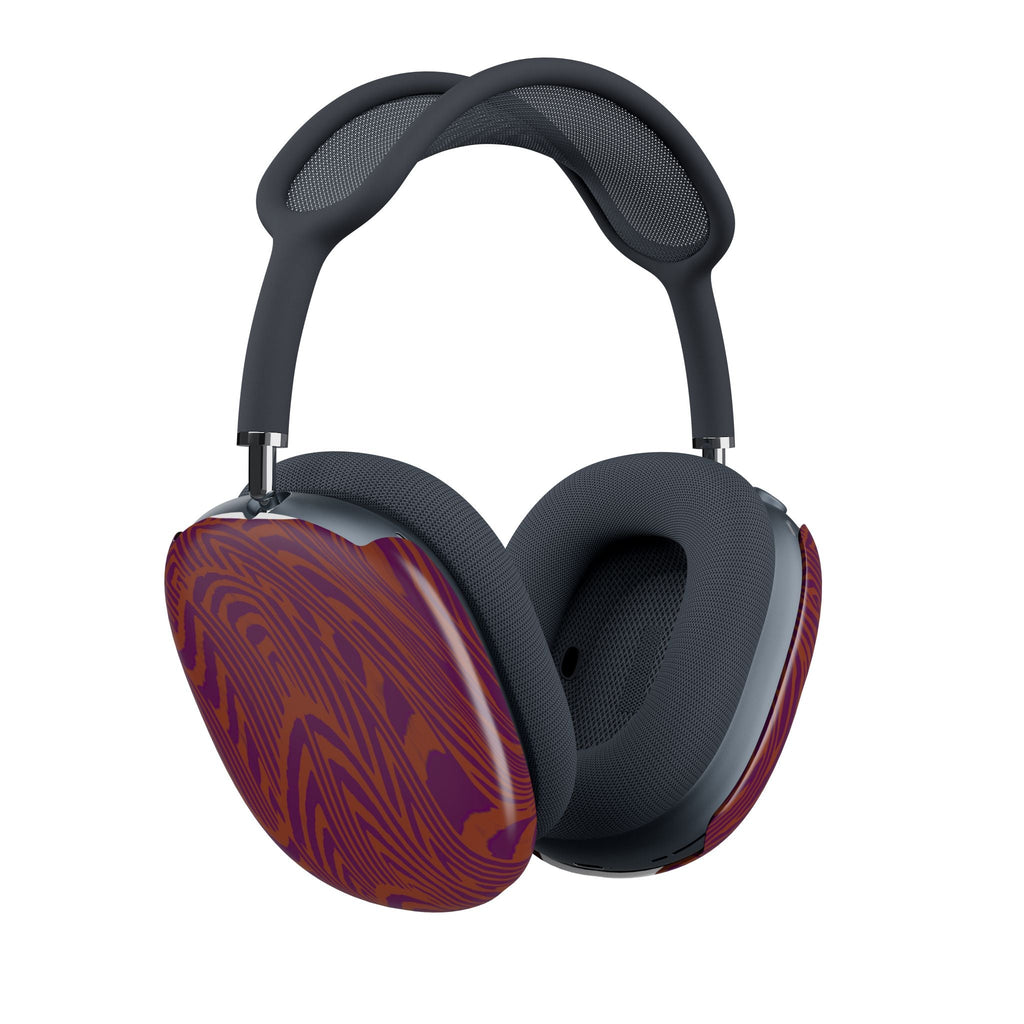 AirPods Max Shell Case featuring a vibrant retro woodgrain pattern in purple and orange. Stylish vintage style earcup shells by Printify, enhancing headphone aesthetics.