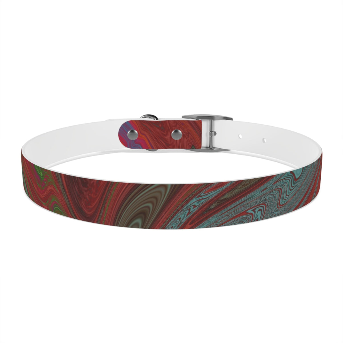 Rose gold buckle displayed on the Marbled Swirl Dog Collar — Red & Teal Abstract Pet Collar, highlighting its stylish hypoallergenic dog collar options.