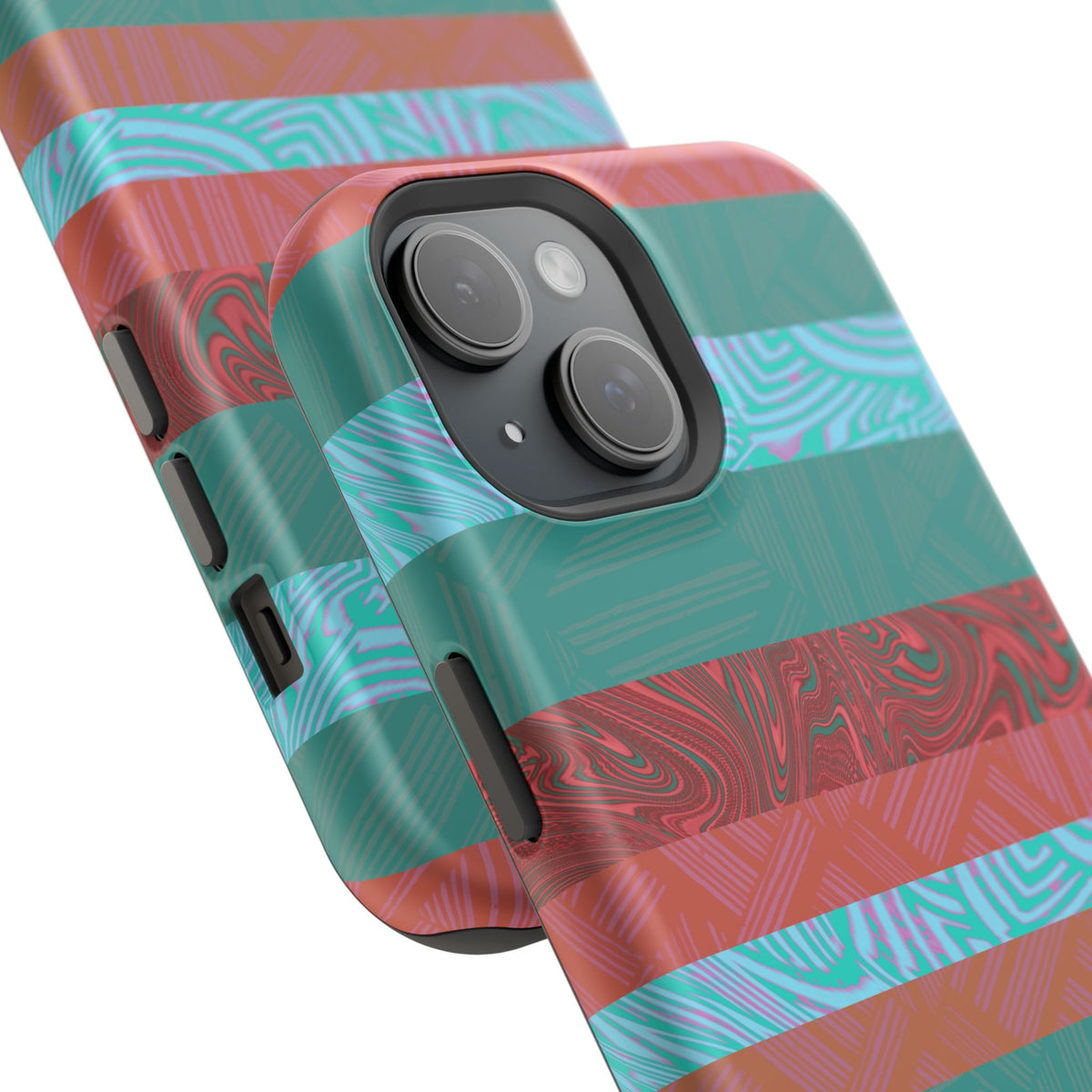 Striped Teal & Coral Magnetic Impact Phone Case exploded shell view, Fractyl magsafe compatible iphone 18 pro max case with magnetic compatibility