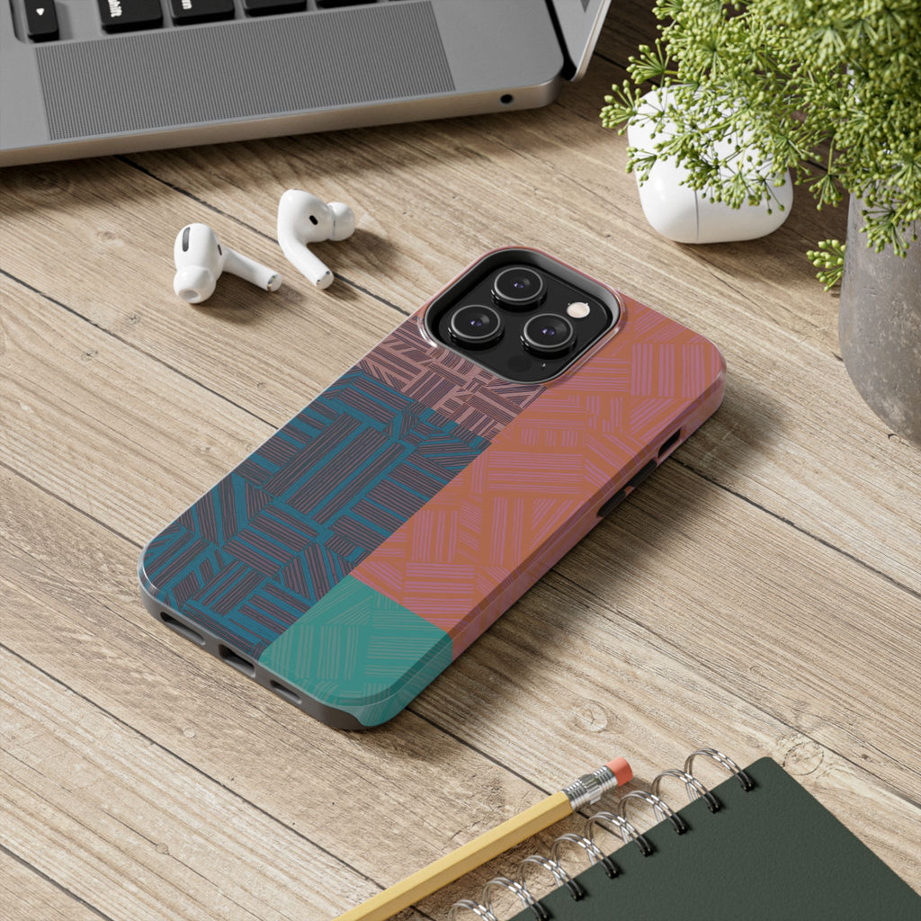 Abstract Geometric Tough Phone Case — Retro Block Pattern, retro iphone 18 pro max case shown with a precise camera opening and durable glossy exterior.