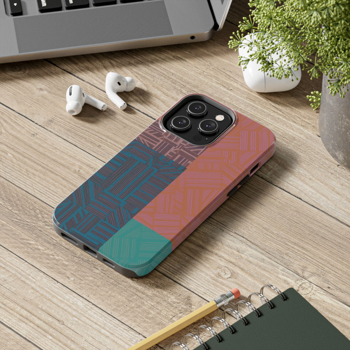 Abstract Geometric Tough Phone Case — Retro Block Pattern, retro iphone 18 pro max case shown with a precise camera opening and durable glossy exterior.